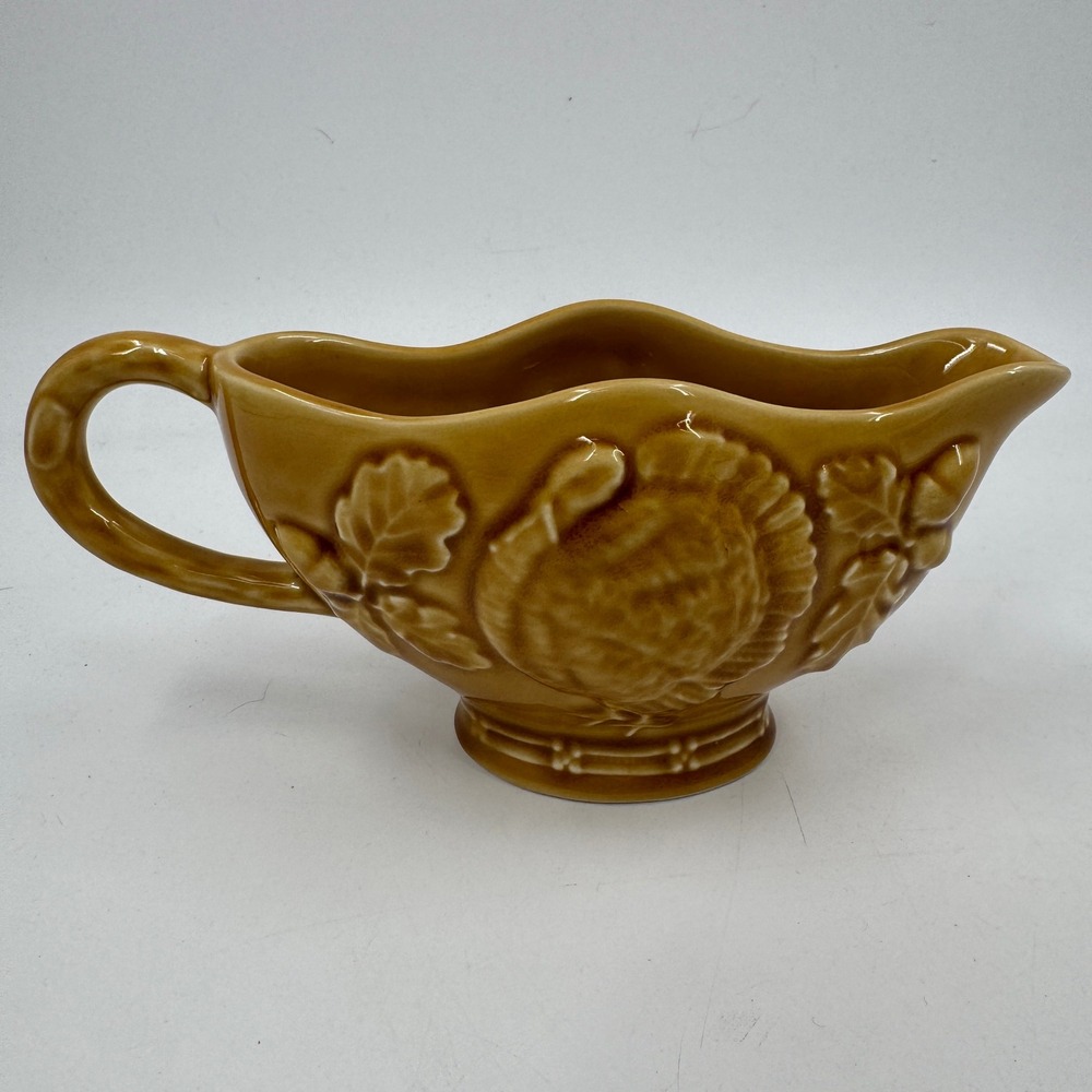 Bordallo Pinheiro Turkey Gravy Boat Portugal Honey Brown Embossed Fall Harvest